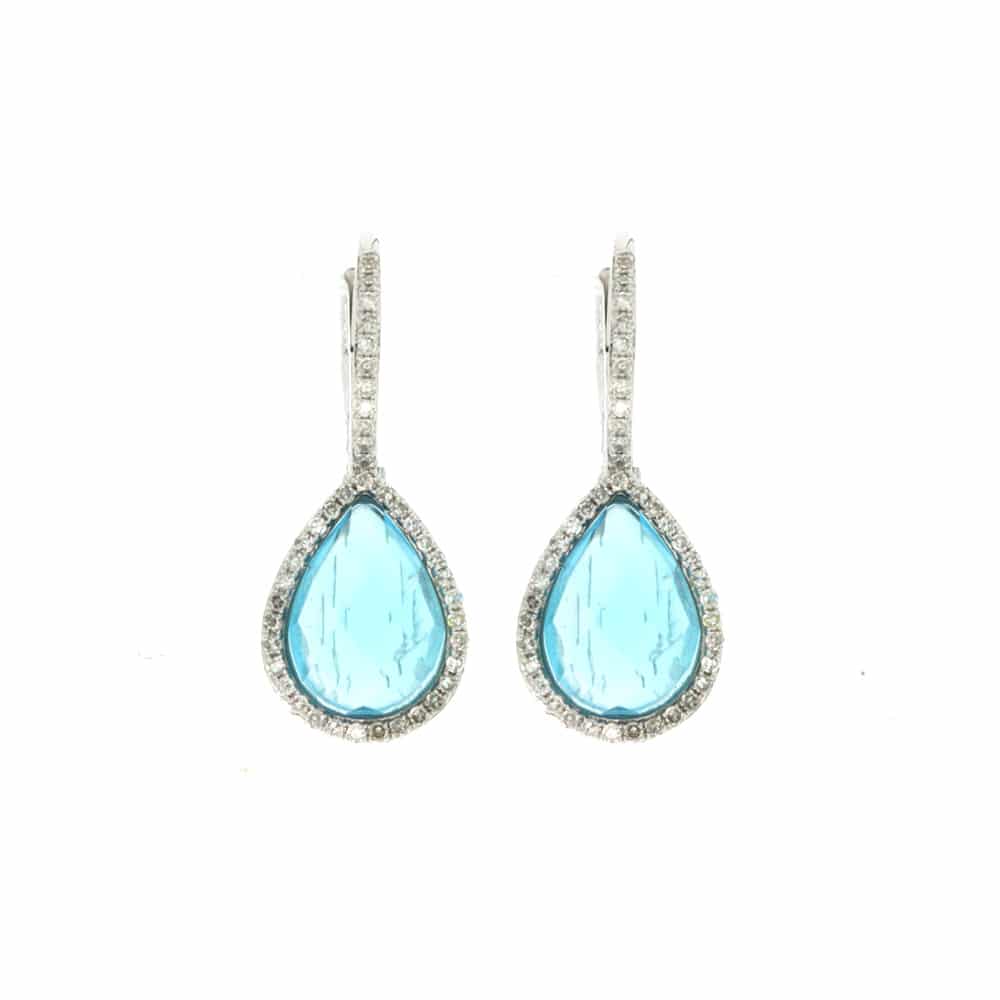 14k White Drop Diamond Earrings With Pear Blue Topaz Lever Back • Long Island NY • Earrings ...