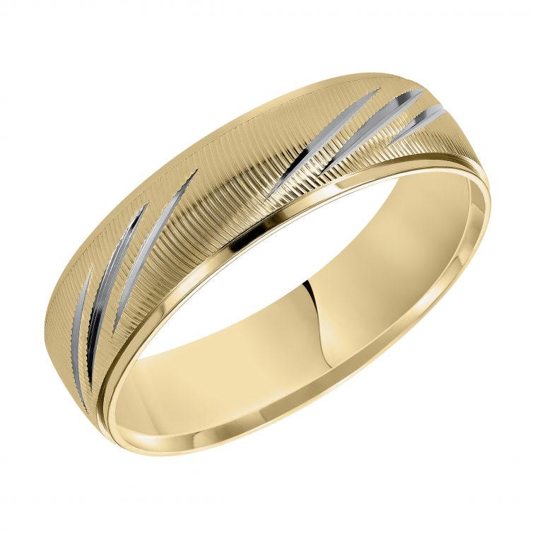 Vertical Fine Line Finish & Round Edges Wedding Band in 14k Yellow Gold & Rhodium - angle view
