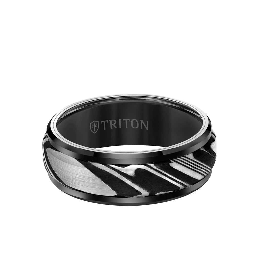 8MM Tungsten Carbide Ring - Damascus Steel with Bevel Edge-black-11-6047BC8-G_FLAT