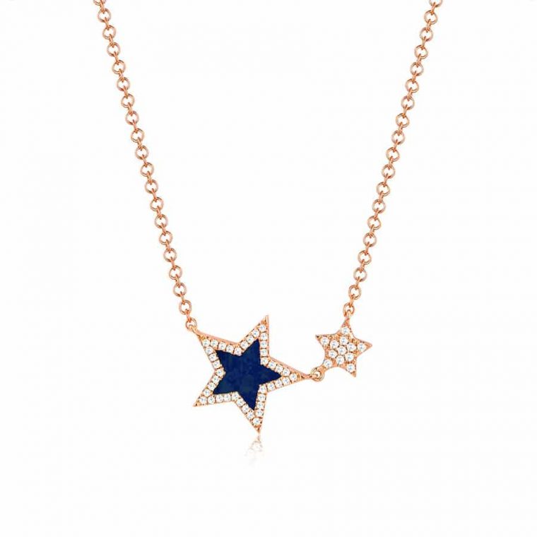 Double Star Blue Lapiz Necklace in 14k Rose Gold