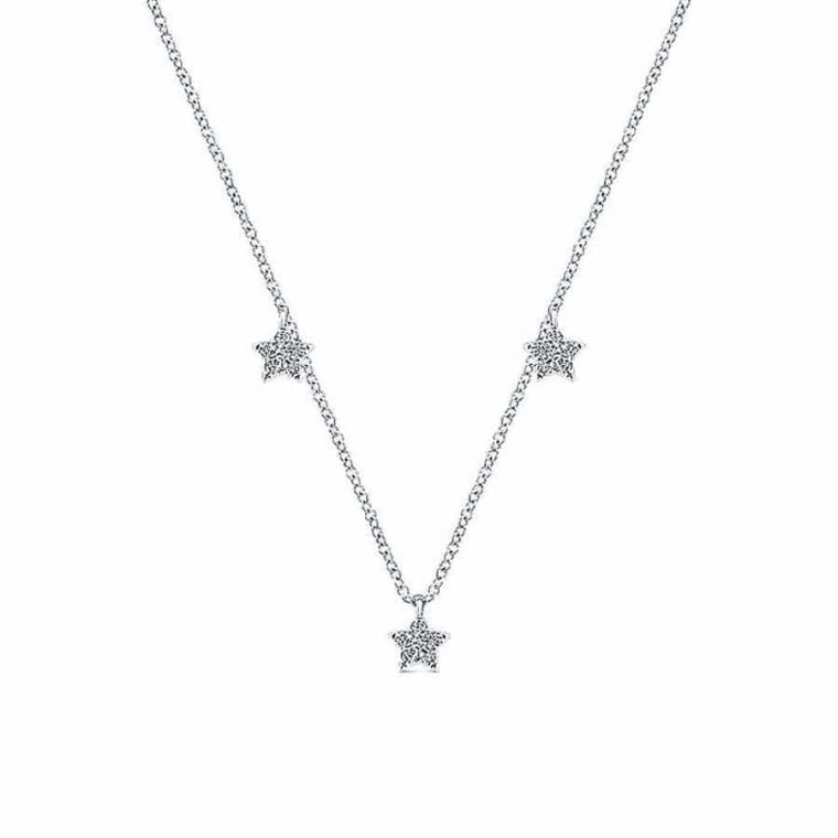 Pave Diamond 3 Stars Necklace in 14k White or Yellow Gold