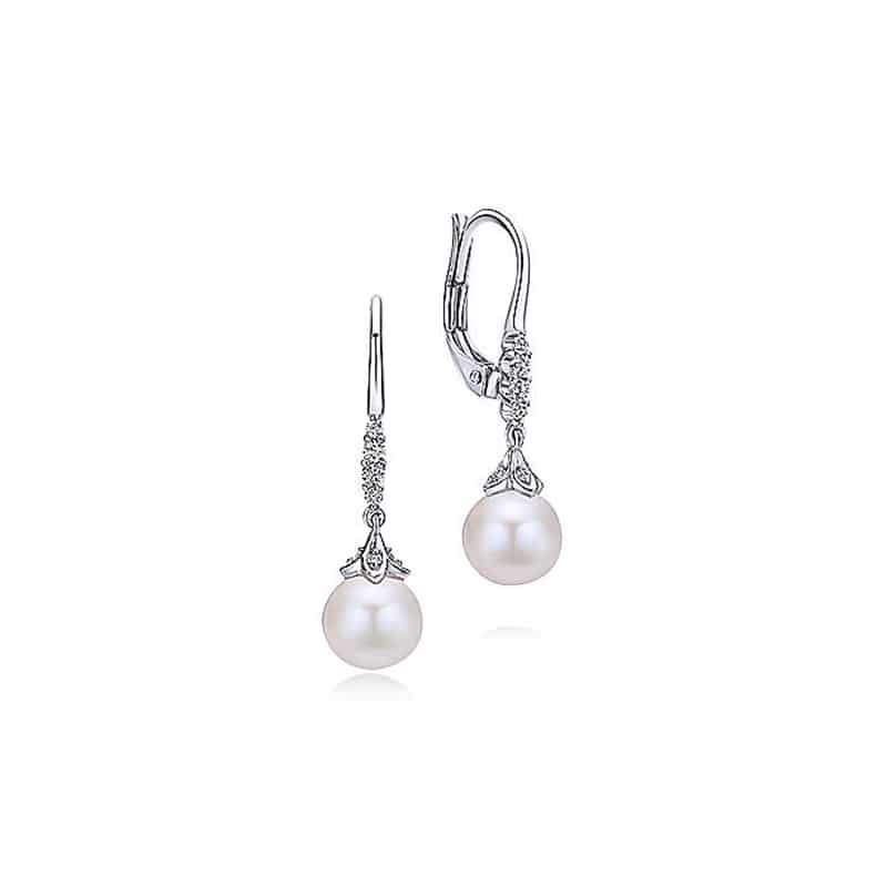 Pearl & Diamond Drop Earrings in 14k White Gold