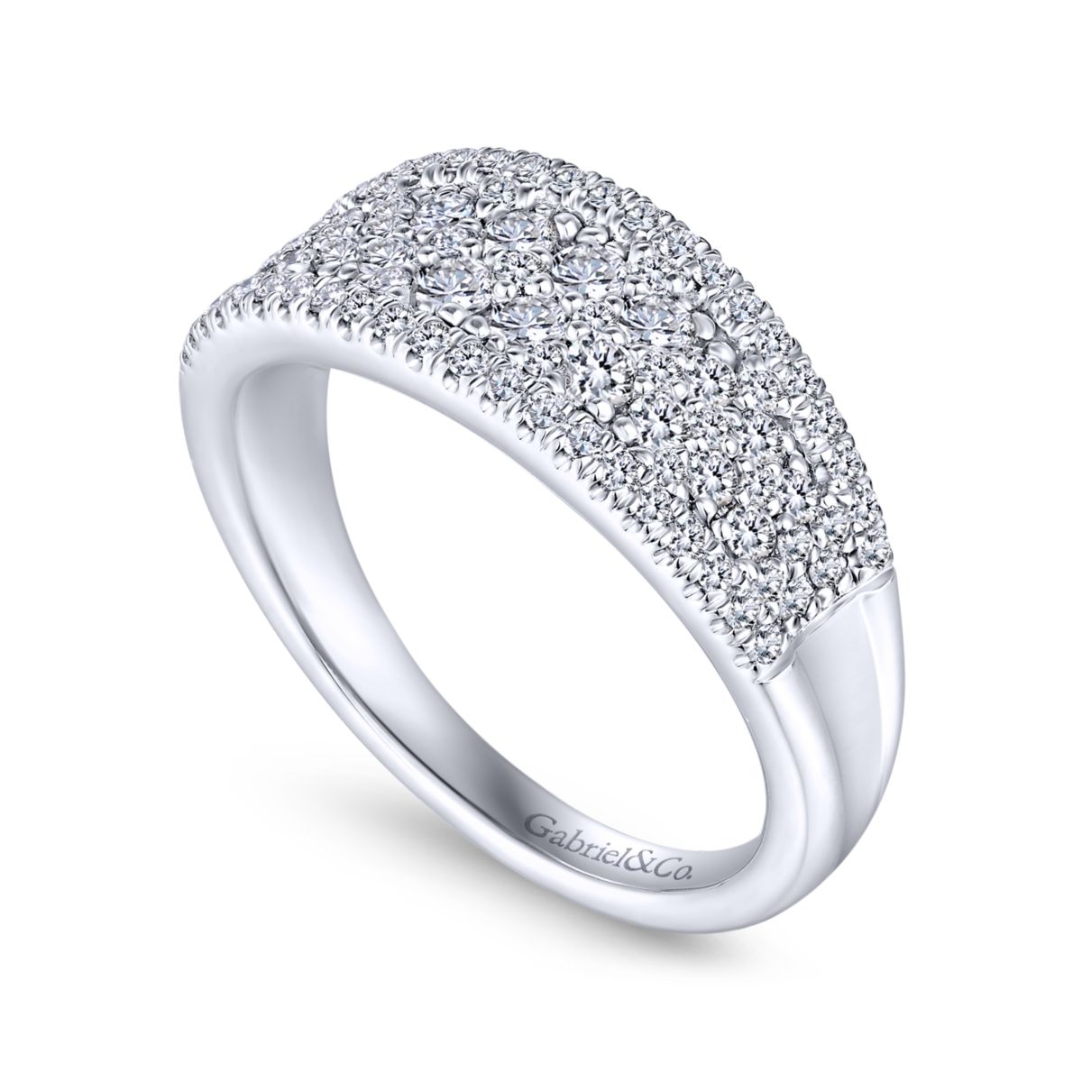 Curved Pave Mixed Diamonds Ring in 14k White Gold - Angle