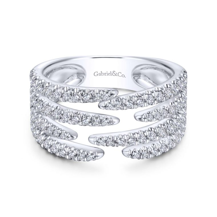 Pave Diamond Strands Wide Band Open Ring in 14k White Gold