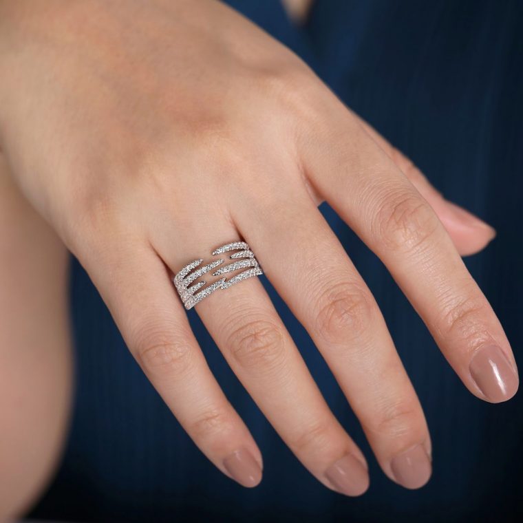 wearing the Pave Diamond Strands Wide Band Open Ring in 14k White Gold