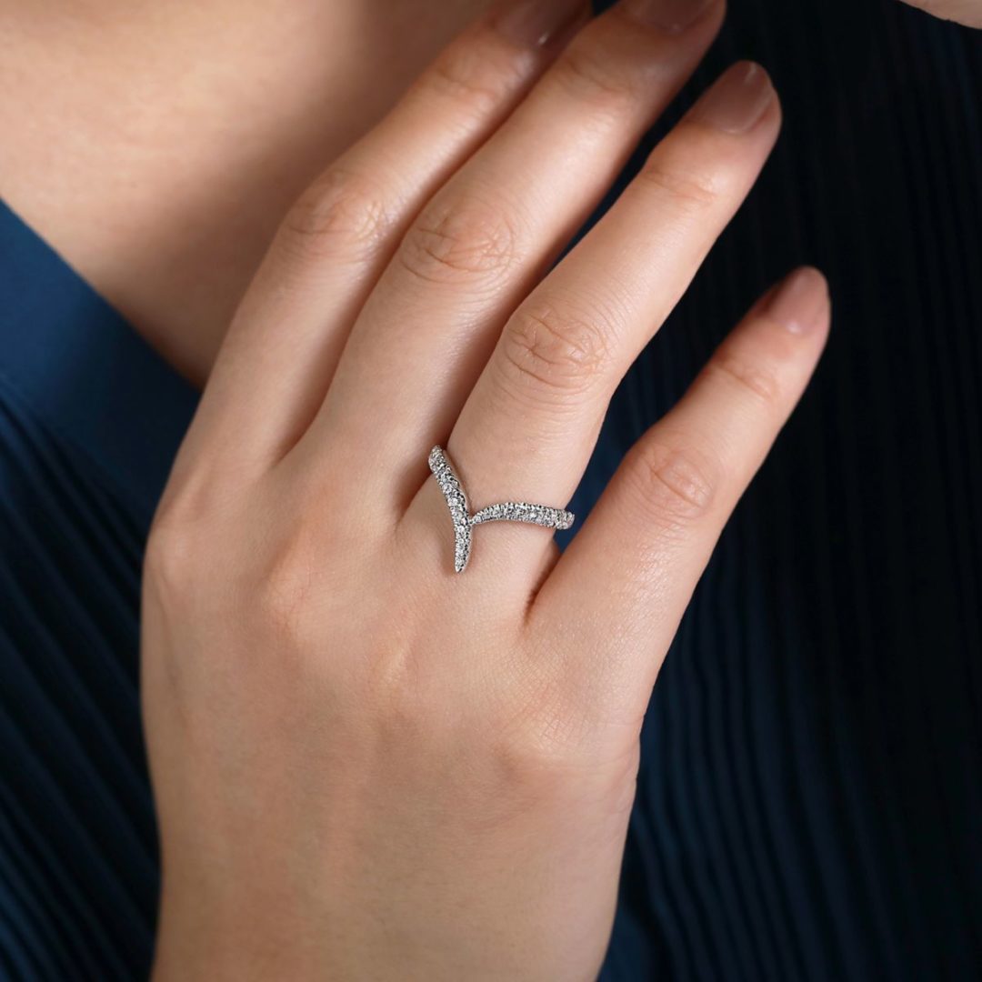 Wearing the V-Shaped Diamond Ring in 14k White Gold-
