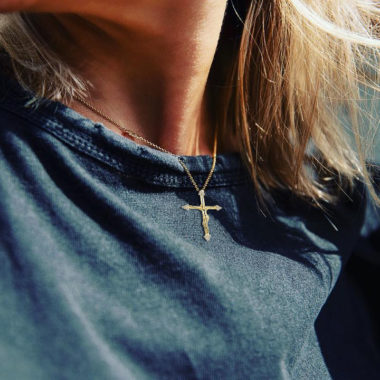 Wearing the Diamond Tipped Cross Necklace