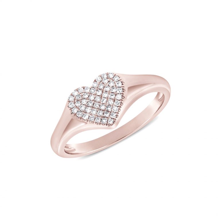 heart shaped pave diamond center band in 14 karat pink gold